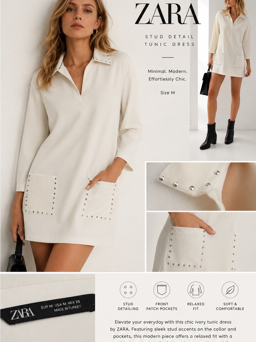 ZARA Ivory Stud-Detail Tunic Mini Dress